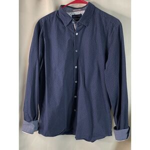 Cactus Man Mens Large Button Down Shirt Navy Blue Geometric Micro Print Cotton